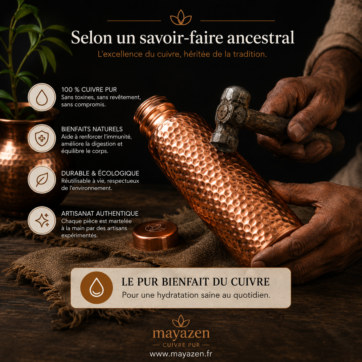 Gourde en Cuivre – Mayazen™ | L’Eau Purifiée Naturellement, Sans Plastique